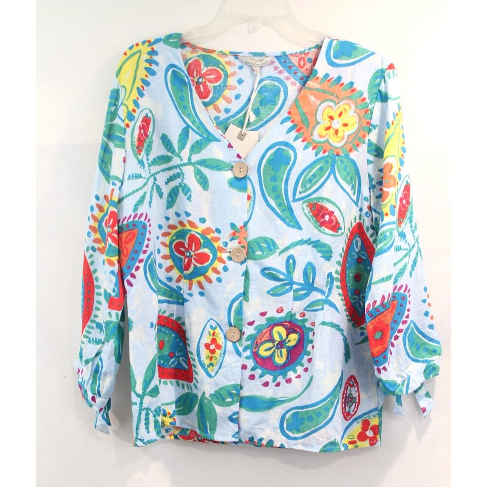 Hester Orchard Linen Blend Top Womens size L Blue Floral Topical Summer Blouse